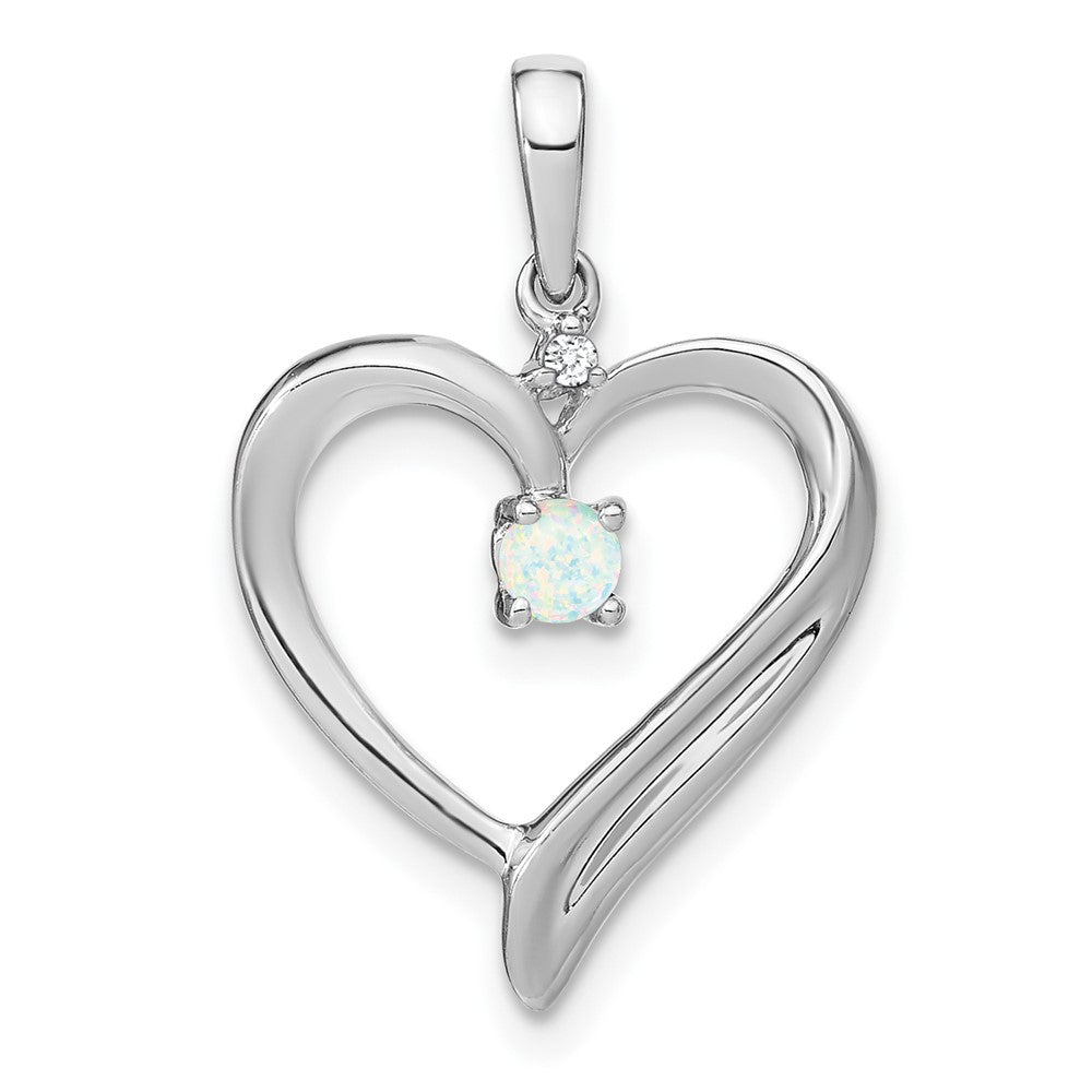 14k White Gold Created Opal and Diamond Heart Pendant (1.75 grams)