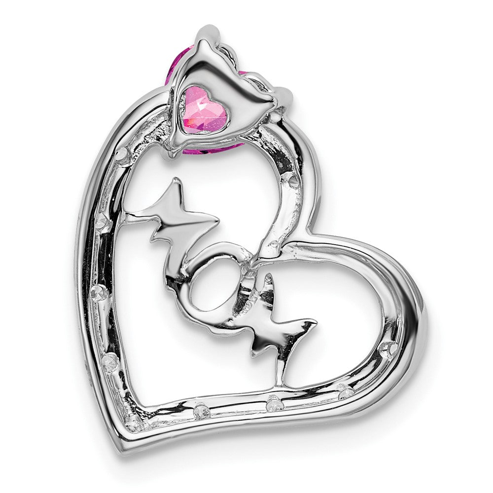 14k White Gold Created Pink Sapphire/Diamond MOM Heart Pendant (1.4 grams)