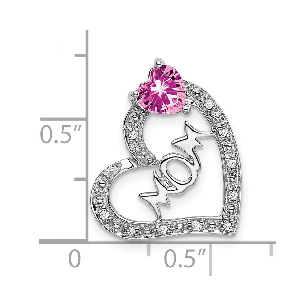 14k White Gold Created Pink Sapphire/Diamond MOM Heart Pendant (1.4 grams)
