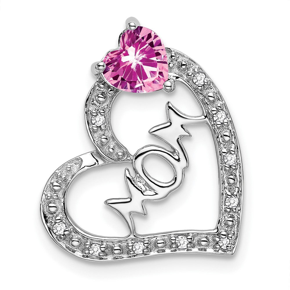 14k White Gold Created Pink Sapphire/Diamond MOM Heart Pendant (1.4 grams)