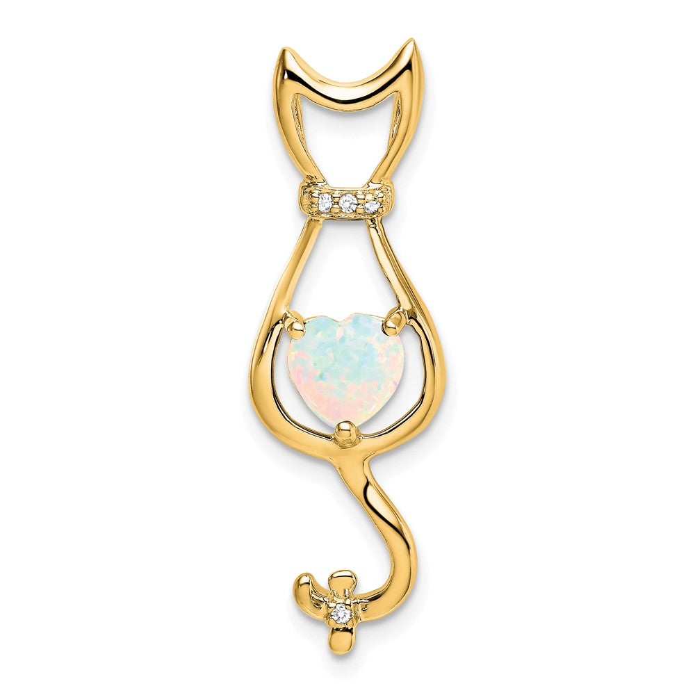 14k Created Opal and Diamond Cat Pendant (1.65 grams)