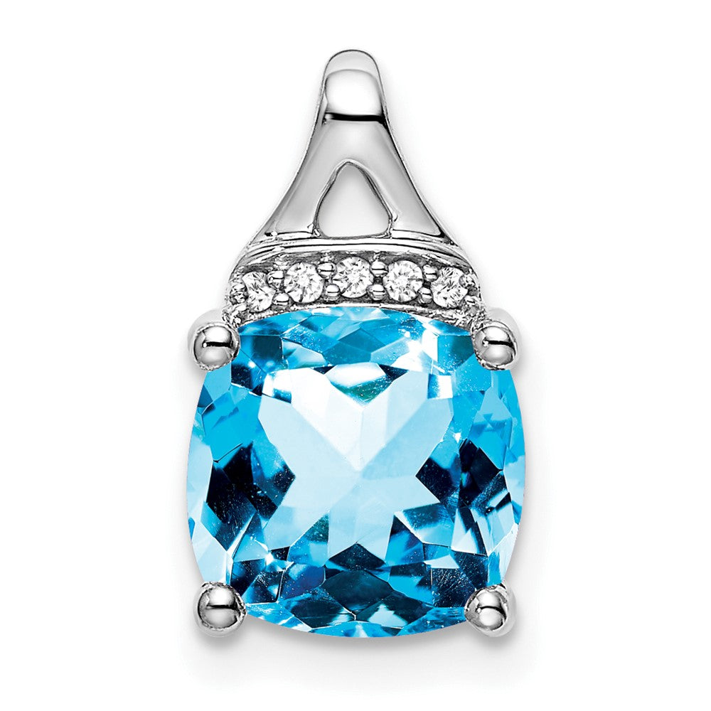 14k White Gold Cushion Blue Topaz and Diamond Pendant (1.2 grams)