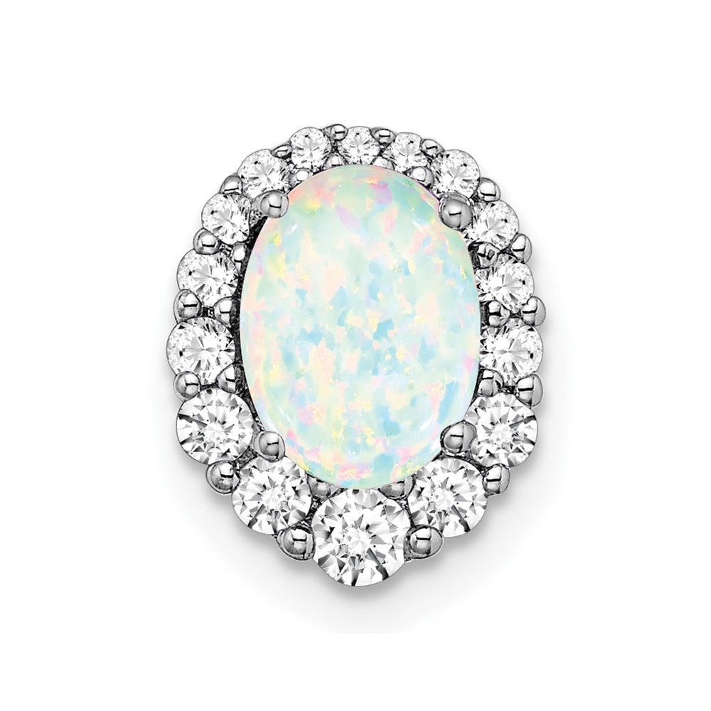 14k White Gold Oval Created Opal and Diamond Halo Chain Slide (0.8 grams)