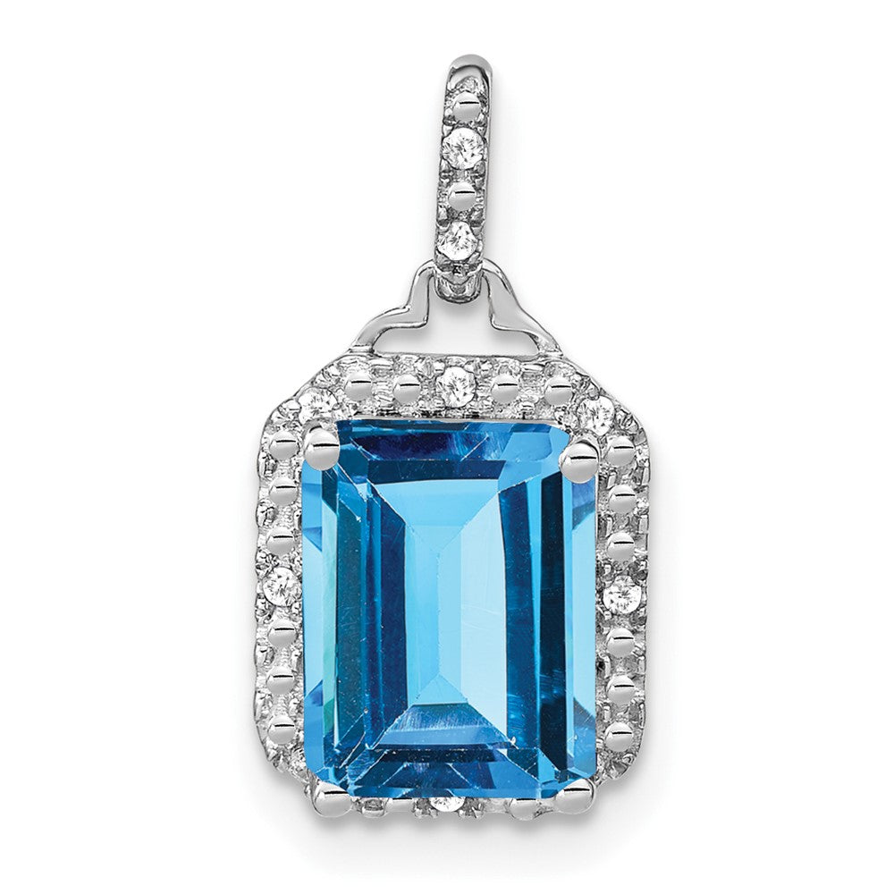14k White Gold Emerald-cut Blue Topaz and Diamond Halo Pendant (1.55 grams)