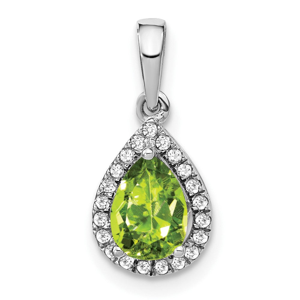 14k White Gold Pear Peridot and Diamond Halo Pendant (0.95 grams)