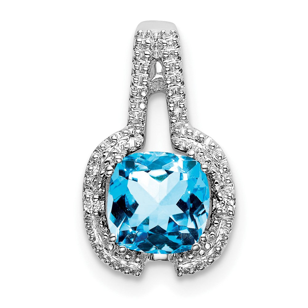 14k White Gold Cushion Blue Topaz and Diamond Pendant (1.3 grams)