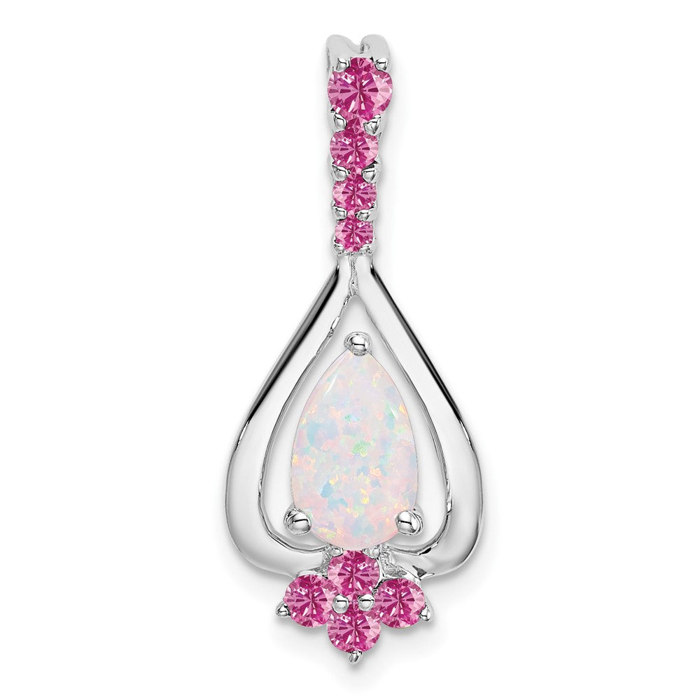 14k White Gold Pear Created Opal/Created Pink Sapphire Pendant (1.5 grams)