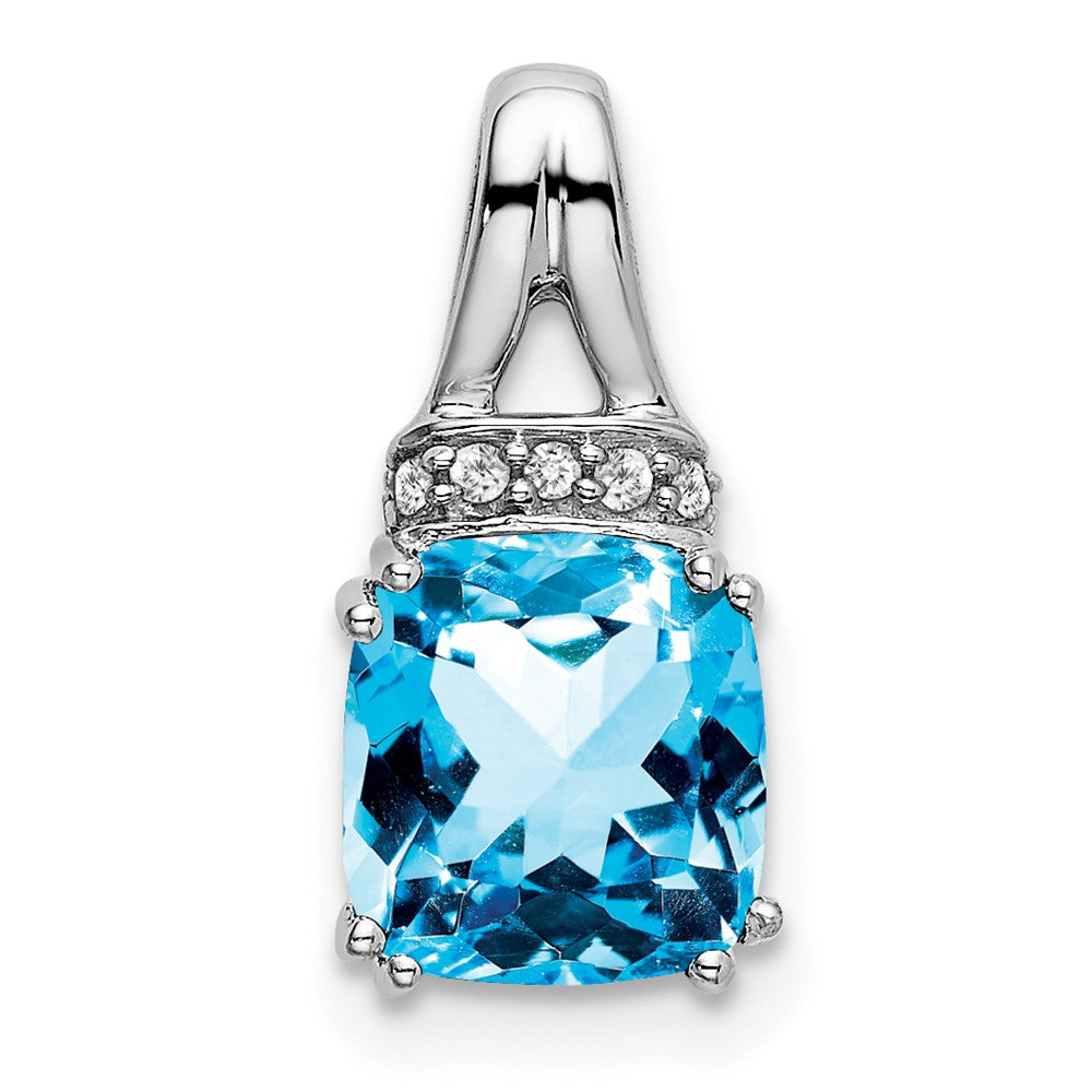 14k White Gold Cushion Blue Topaz and Diamond Pendant (1.1 grams)