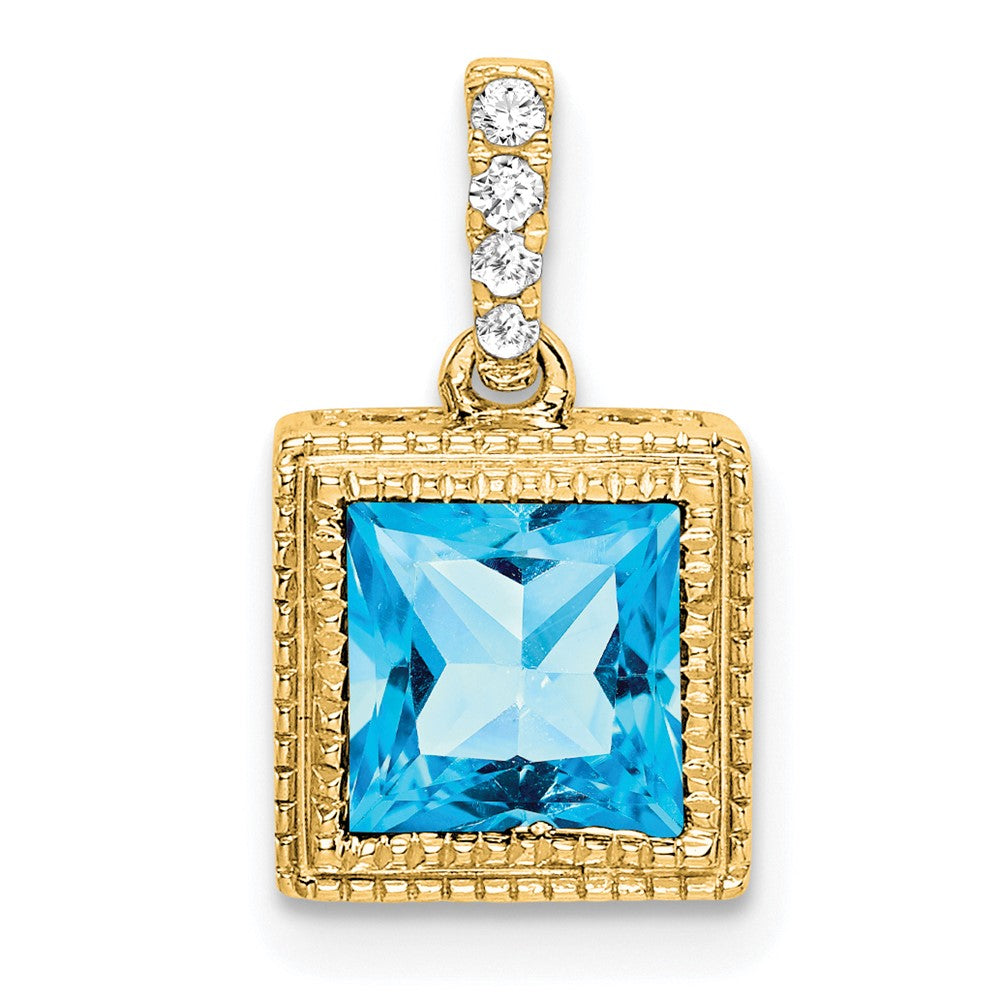 14k Square Blue Topaz and Diamond Pendant (1.55 grams)