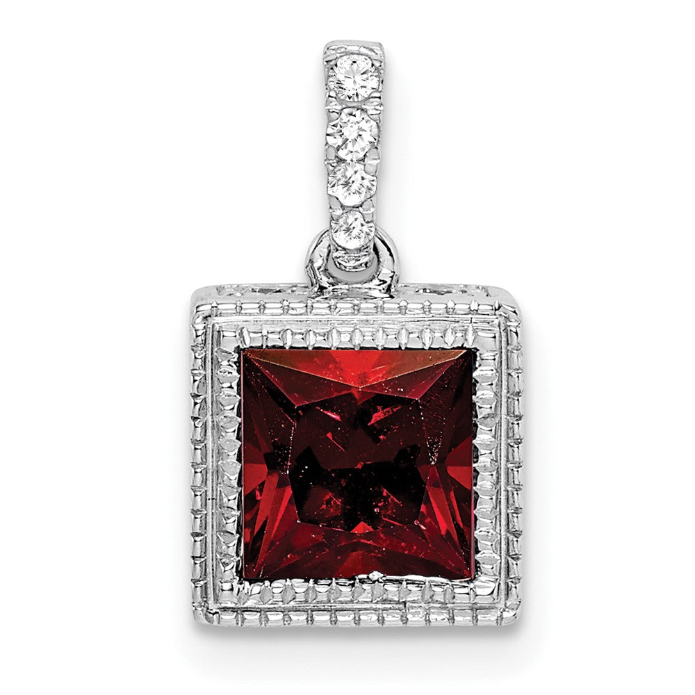 14k White Gold Square Garnet and Diamond Pendant (1.55 grams)