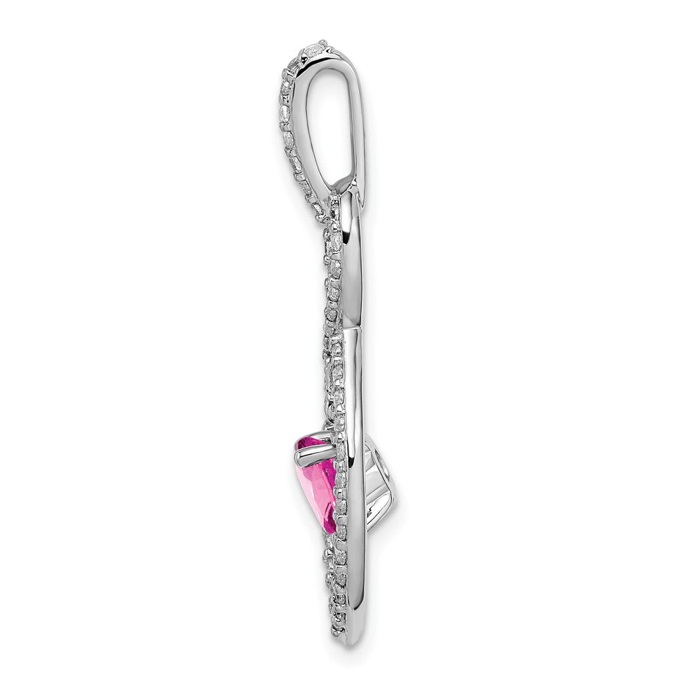 14k White Gold Created Pink Sapphire and Diamond Pendant (2 grams)
