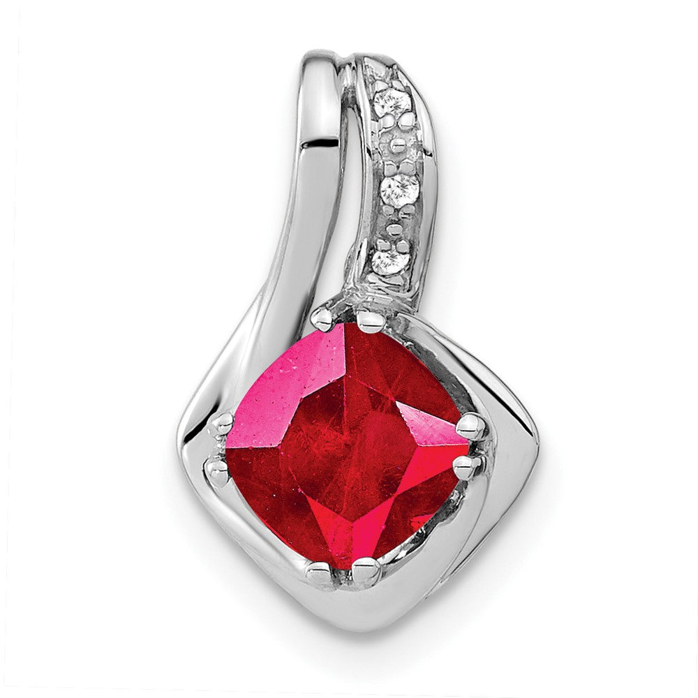 14k White Gold Created Ruby and Diamond Chain Slide Pendant (1.25 grams)