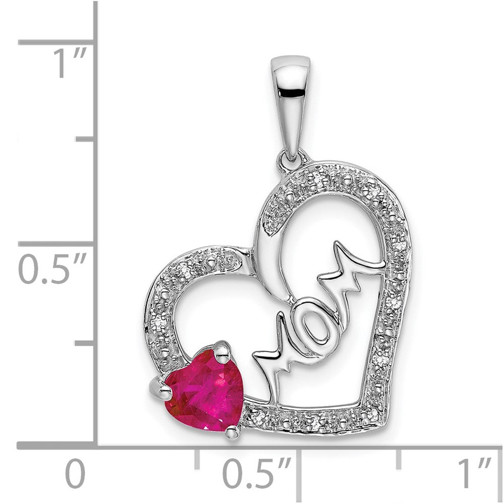 14k White Gold Ruby and Diamond MOM Heart Pendant (1.7 grams)