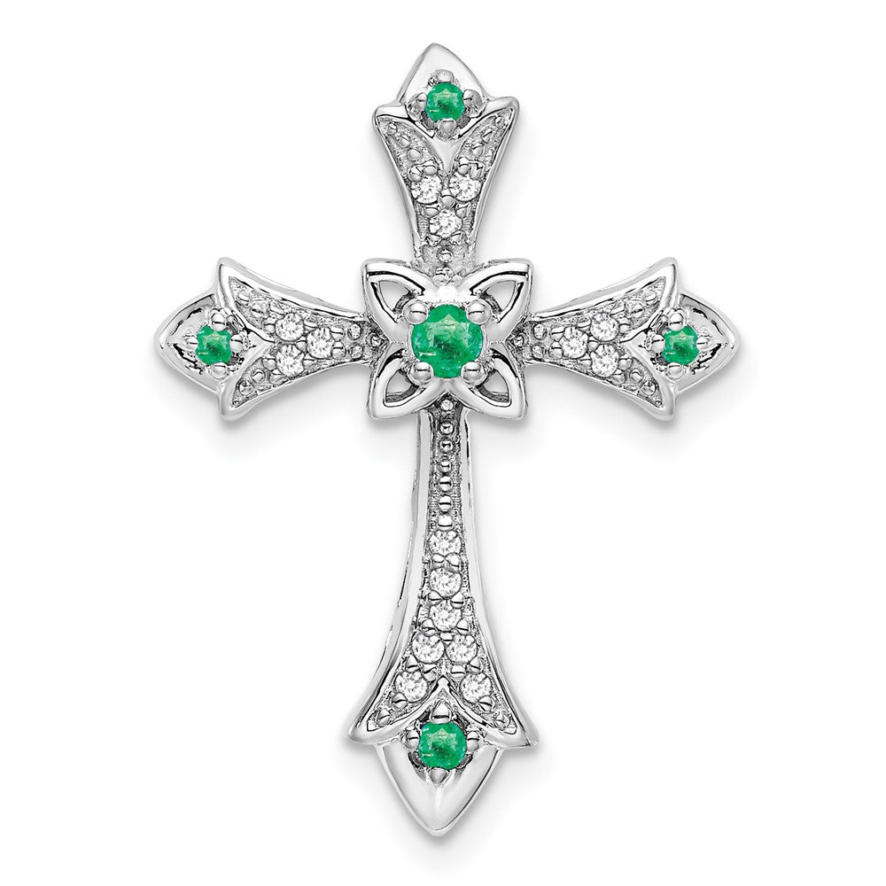 14k White Gold Emerald and Diamond Fleur de Lis Cross Chain Slide (2.2 grams)