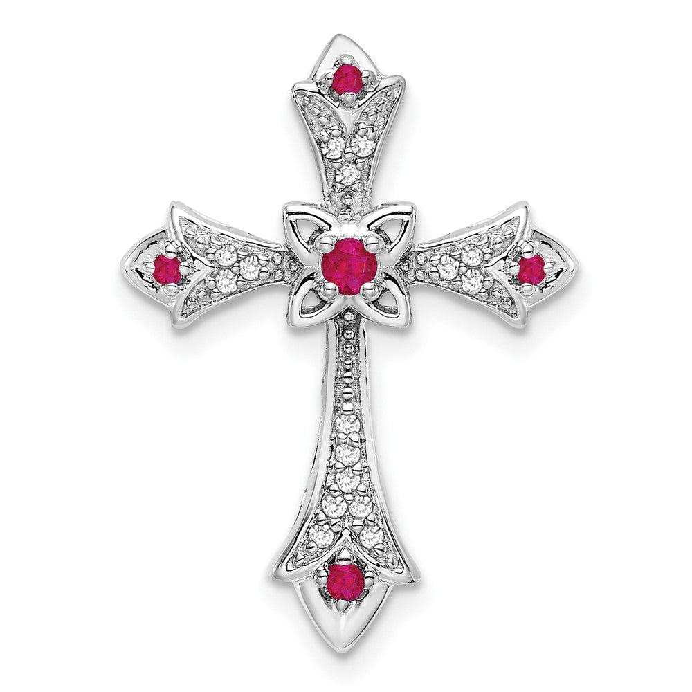 14k White Gold Ruby and Diamond Fleur de Lis Cross Chain Slide (2.2 grams)