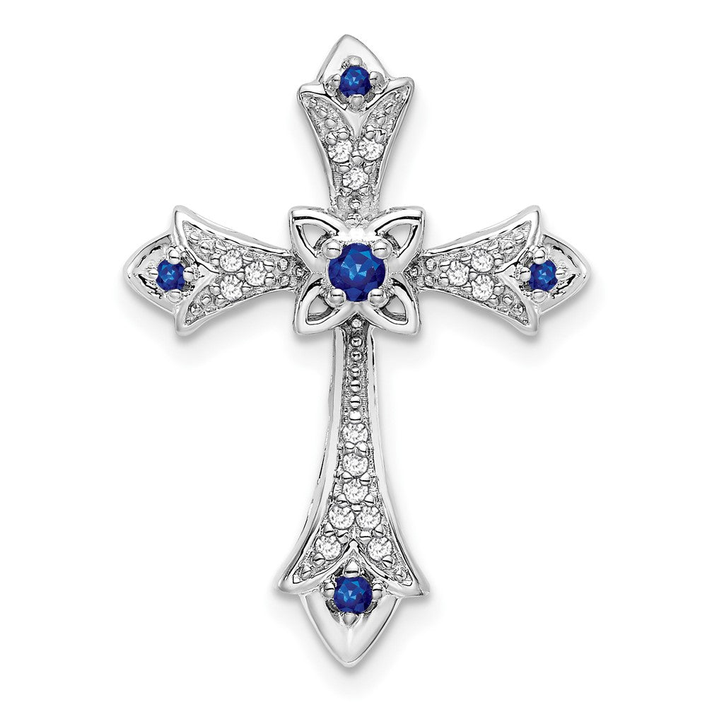 14k White Gold Sapphire and Diamond Fleur de Lis Cross Chain Slide (2.2 grams)
