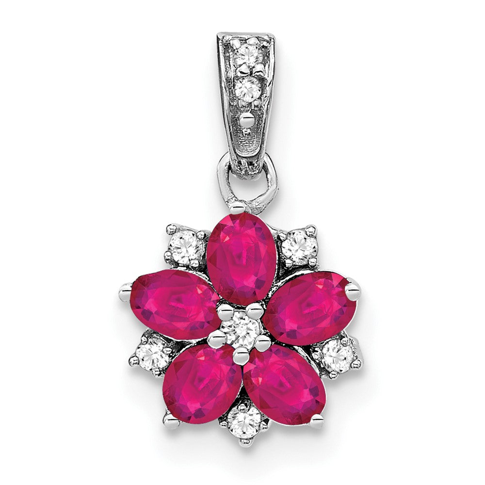 14k White Gold Ruby and Diamond Floral Pendant (0.85 grams)