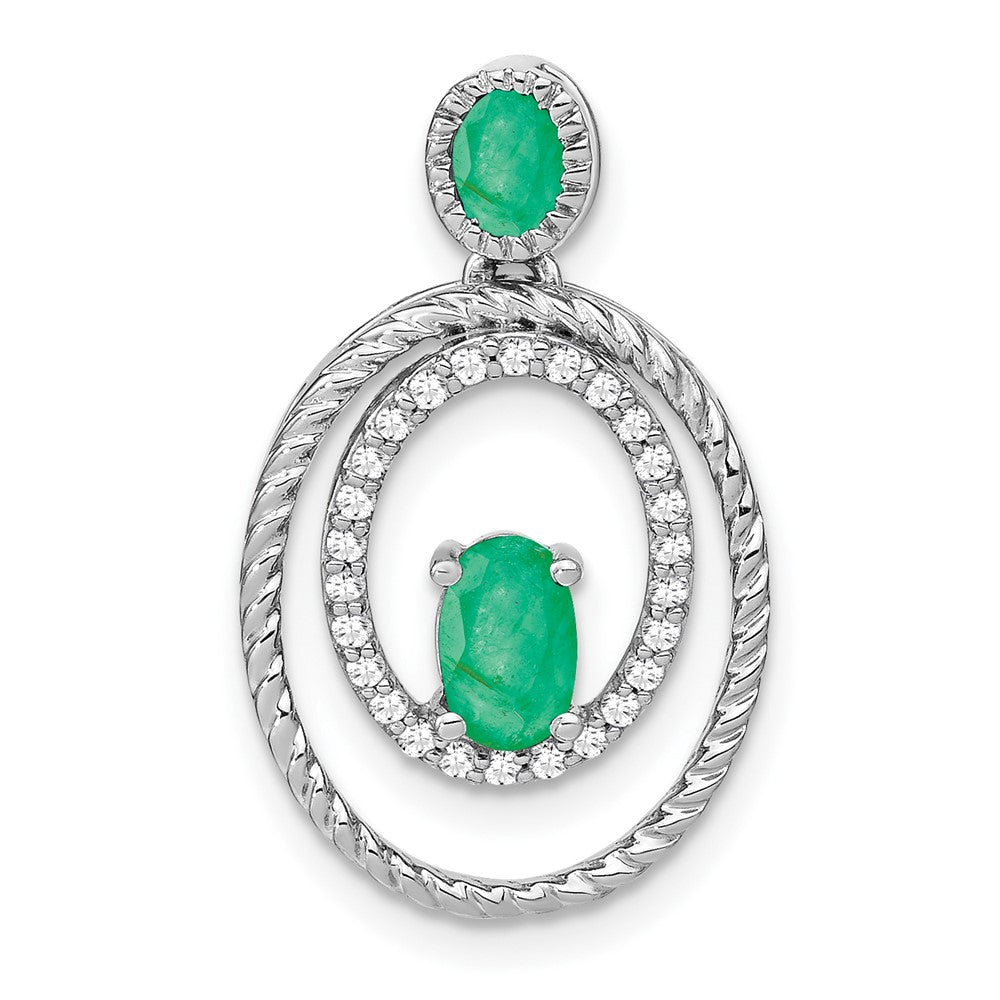 14k White Gold Emerald and Diamond Oval Pendant (2 grams)