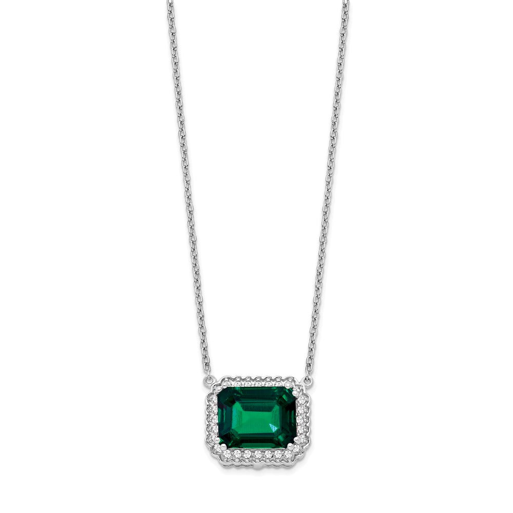 14k White Gold 12 mm Octagon Created Emerald and Diamond in. Necklace (3.04 grams)