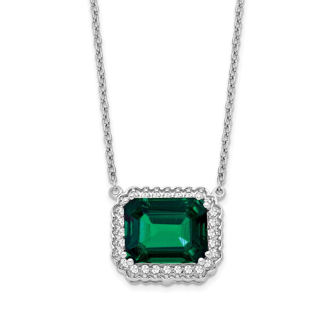 14k White Gold 12 mm Octagon Created Emerald and Diamond in. Necklace (3.04 grams)