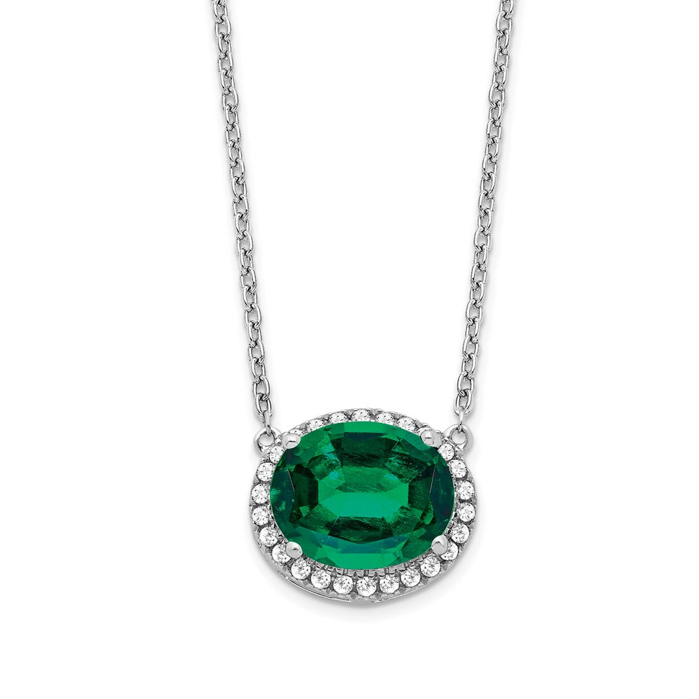 14k White Gold 10.8 mm Oval Created Emerald/Diamond in. Halo Necklace (2.23 grams)