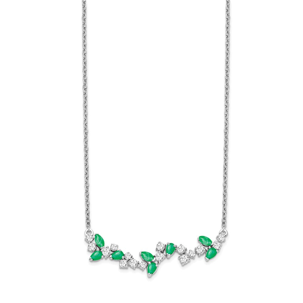 14k White Gold 8.3 mm Emerald and Diamond in. Floral Bar Necklace (1.38 grams)