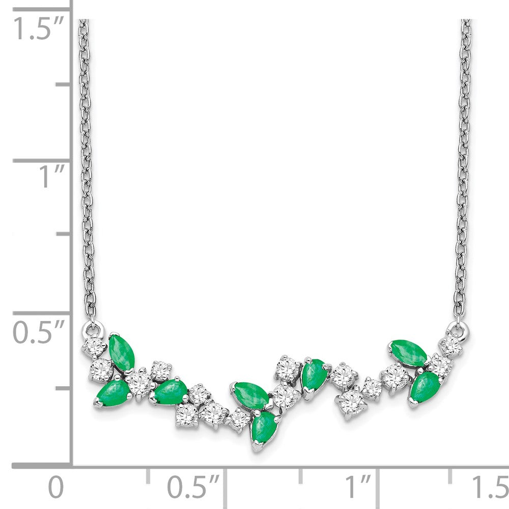 14k White Gold 8.3 mm Emerald and Diamond in. Floral Bar Necklace (1.38 grams)