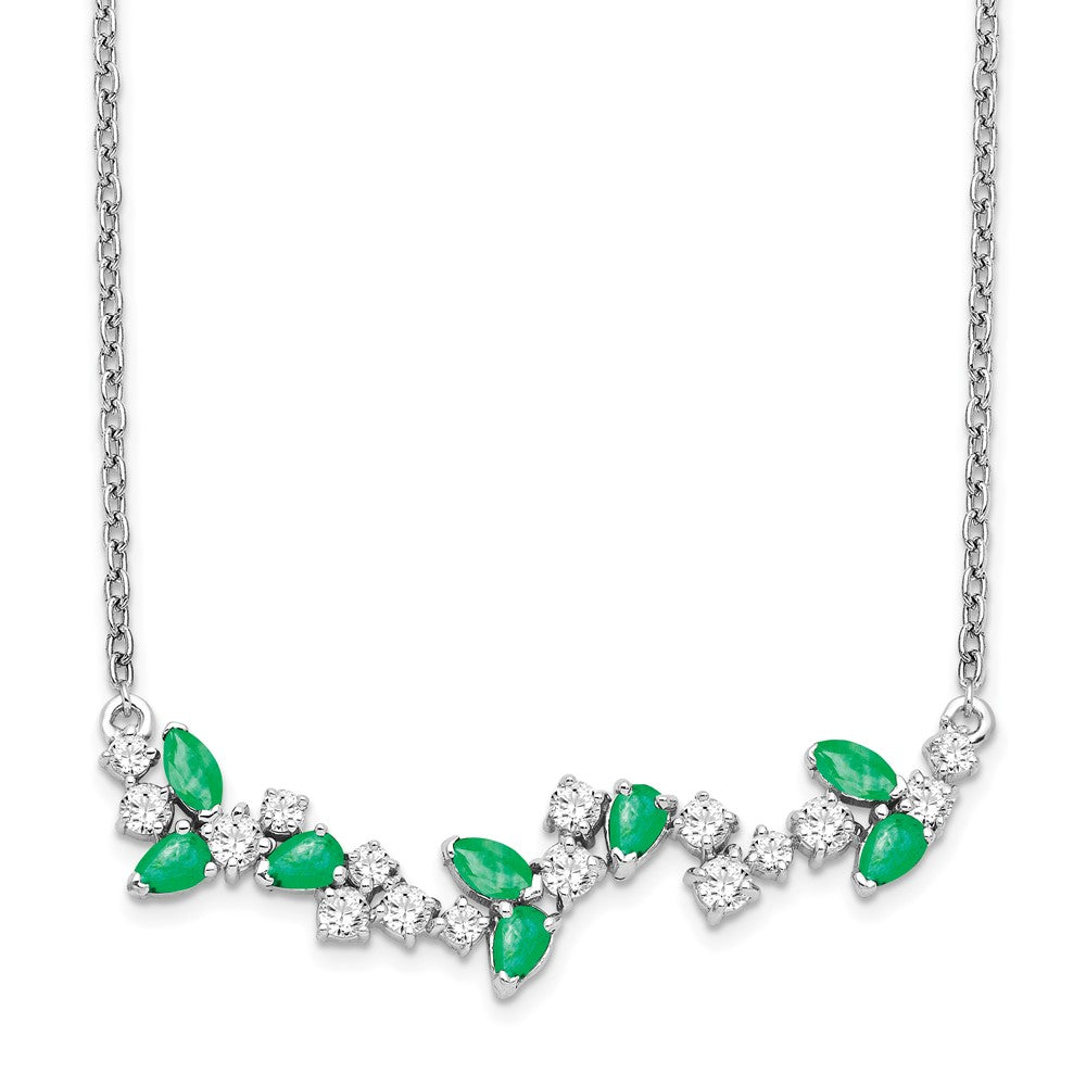 14k White Gold 8.3 mm Emerald and Diamond in. Floral Bar Necklace (1.38 grams)