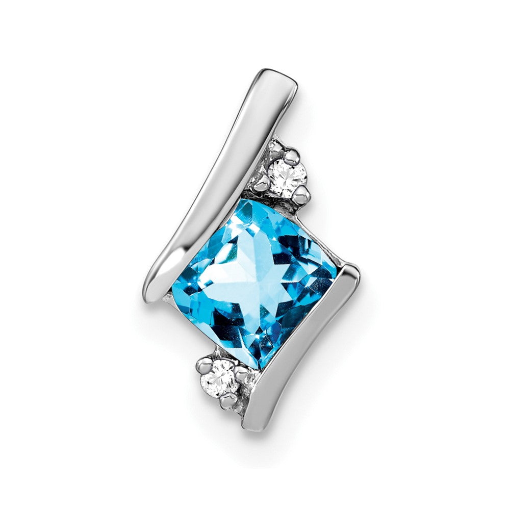 14K White Gold Cushion Blue Topaz and Diamond Chain Slide (0.9 grams)