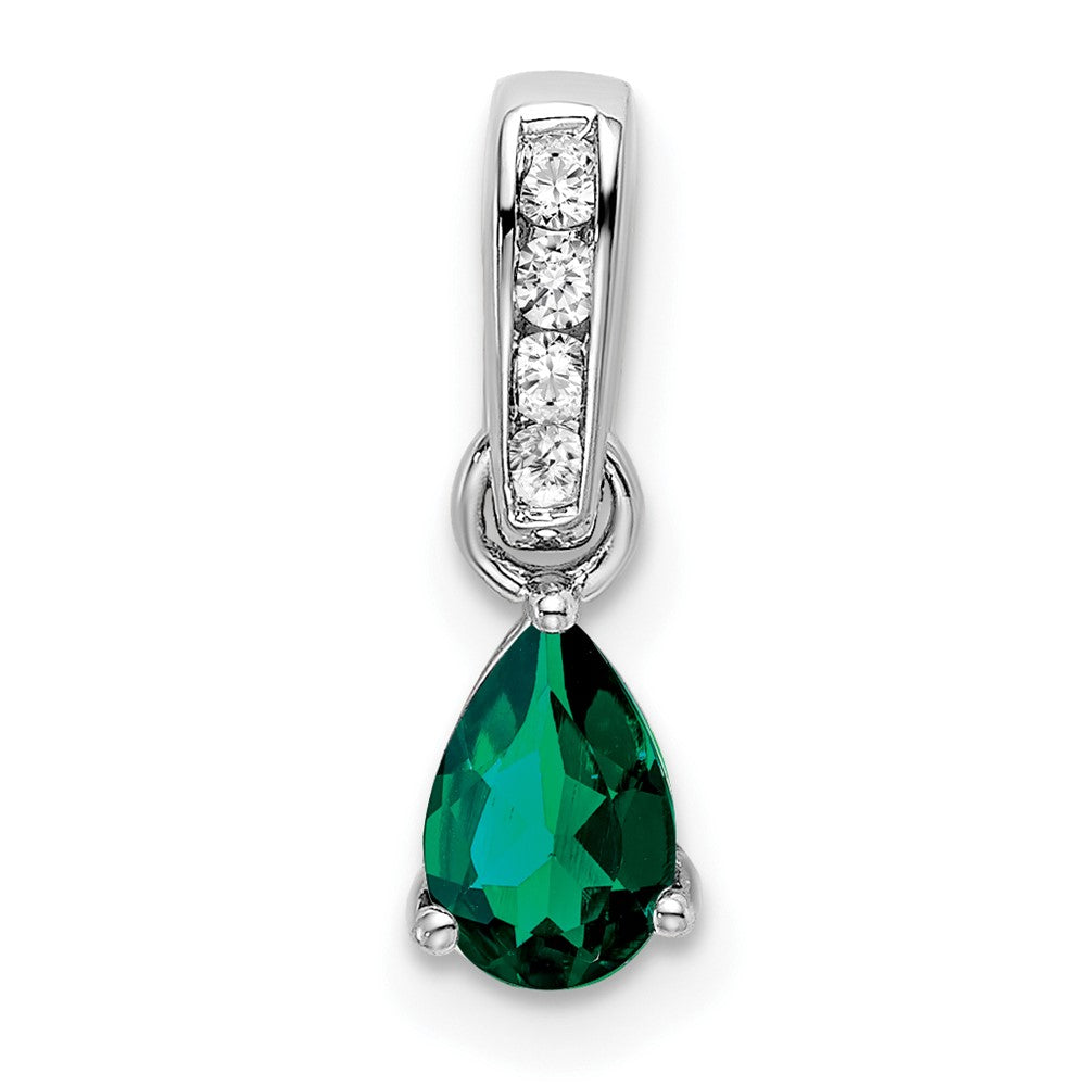 14K White Gold Pear Created Emerald and Diamond Pendant (0.55 grams)