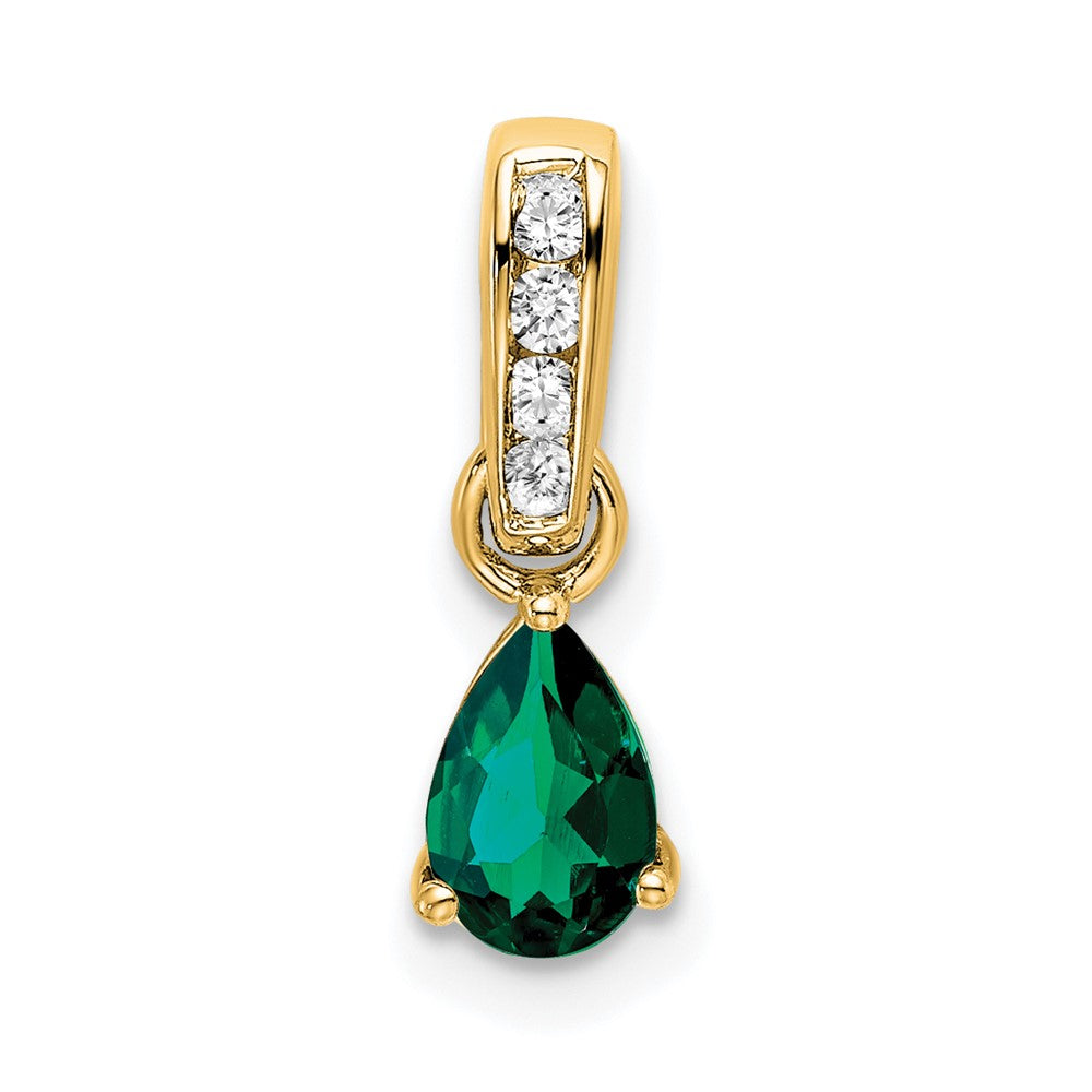 14K Pear Created Emerald and Diamond Pendant (0.55 grams)