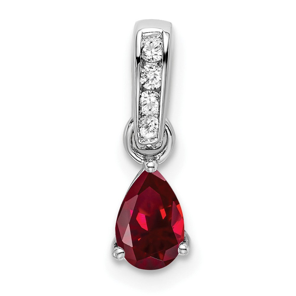 14K White Gold Pear Created Ruby and Diamond Pendant (0.55 grams)