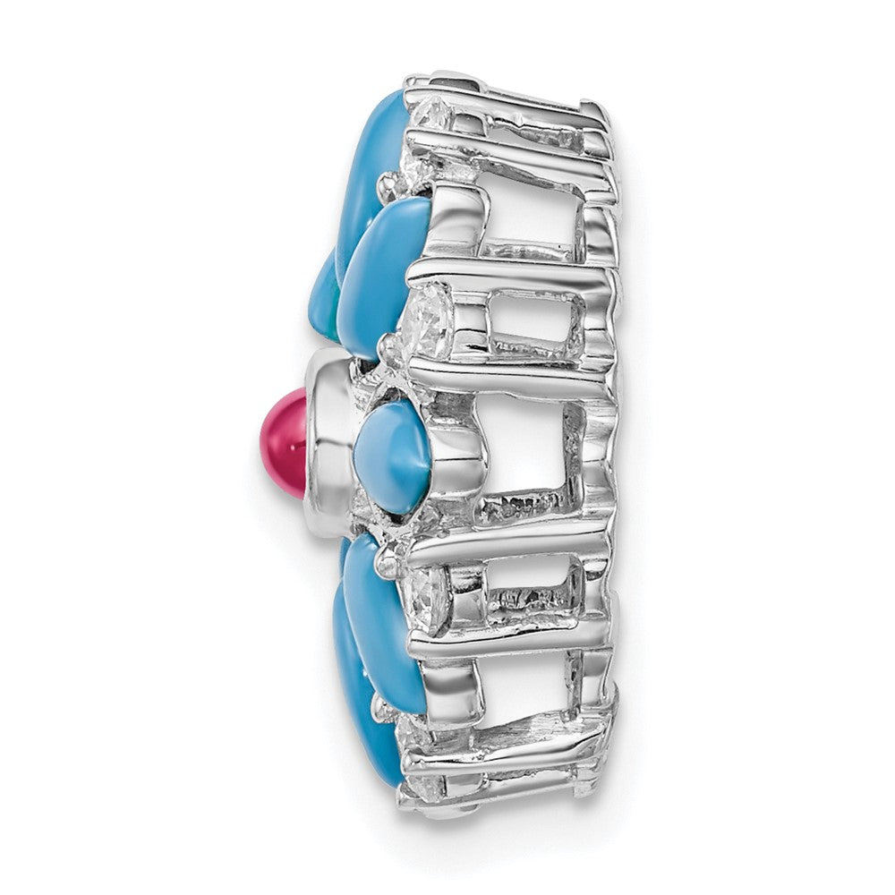 14k White Gold Turquoise/Creat. Ruby/White Topaz Floral Chain Slide (2.1 grams)