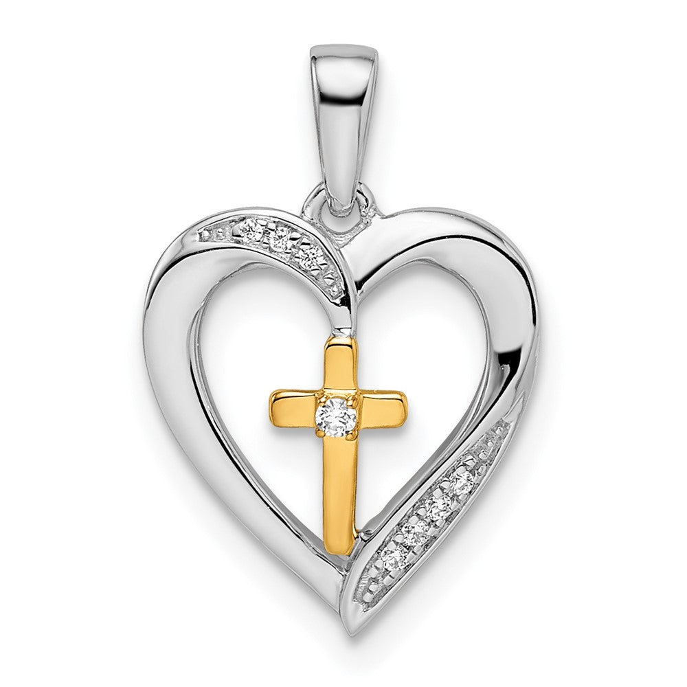 14k Two-tone 12.8 mm Heart with Cross Diamond Pendant (1.33 grams)
