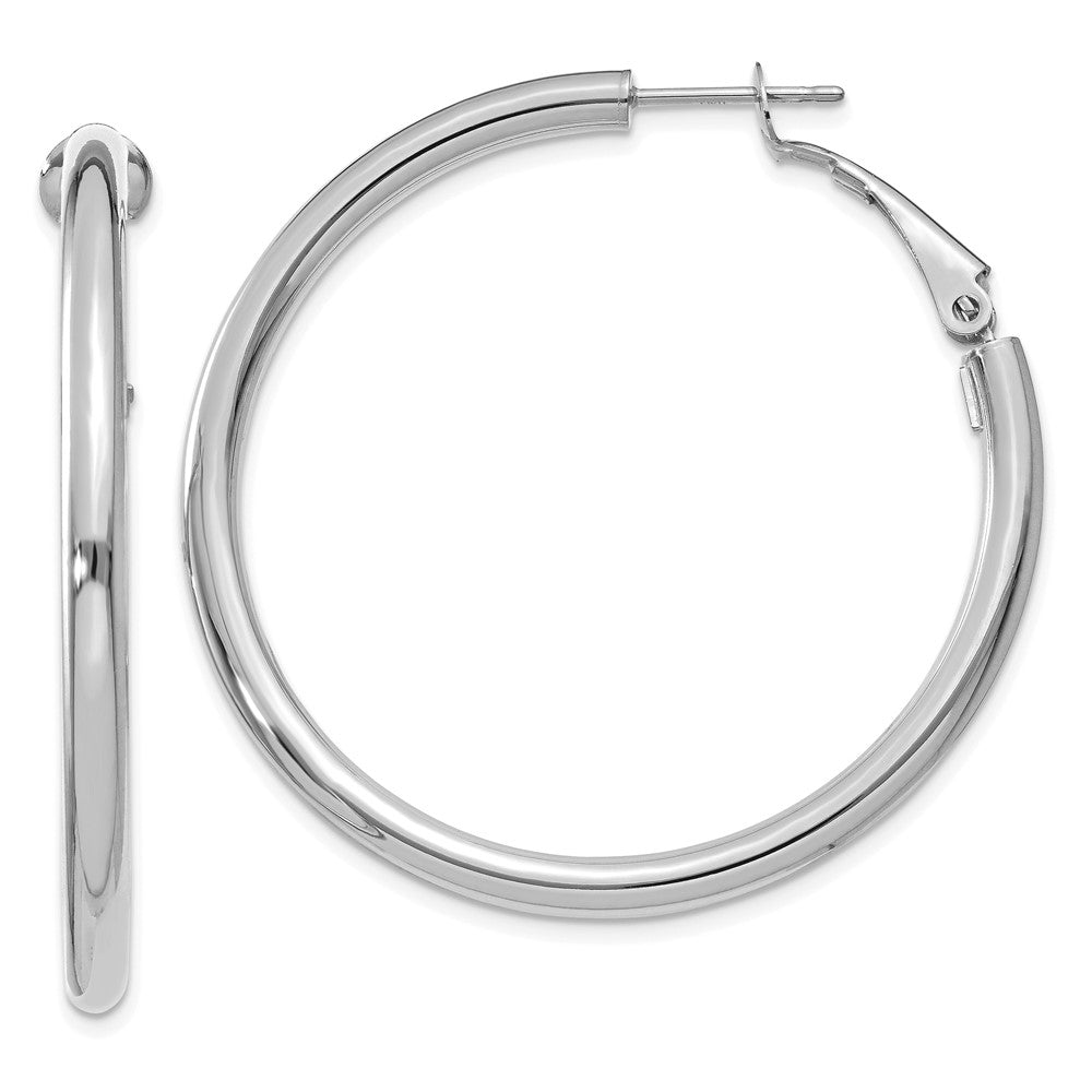 14k White Gold 41.5 mm Polished Round Omega Back Hoop Earrings (4.17 grams)