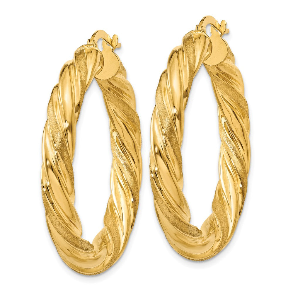 14k Yellow Gold 35.5 mm Satin & Polished Twisted Hoop Earrings (6.78 grams)