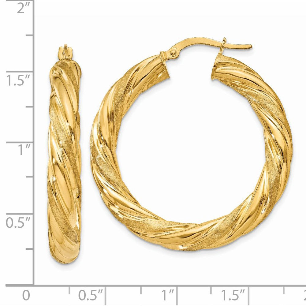 14k Yellow Gold 35.5 mm Satin & Polished Twisted Hoop Earrings (6.78 grams)