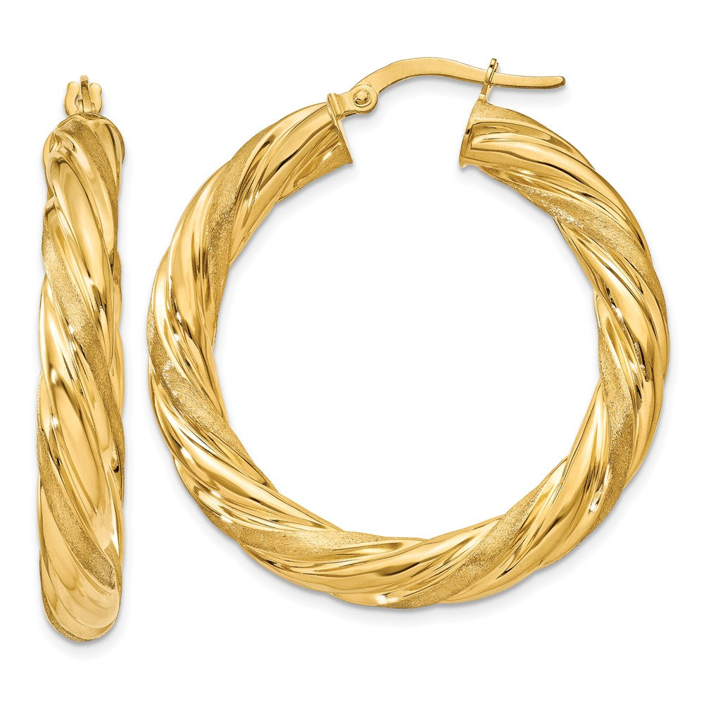 14k Yellow Gold 35.5 mm Satin & Polished Twisted Hoop Earrings (6.78 grams)