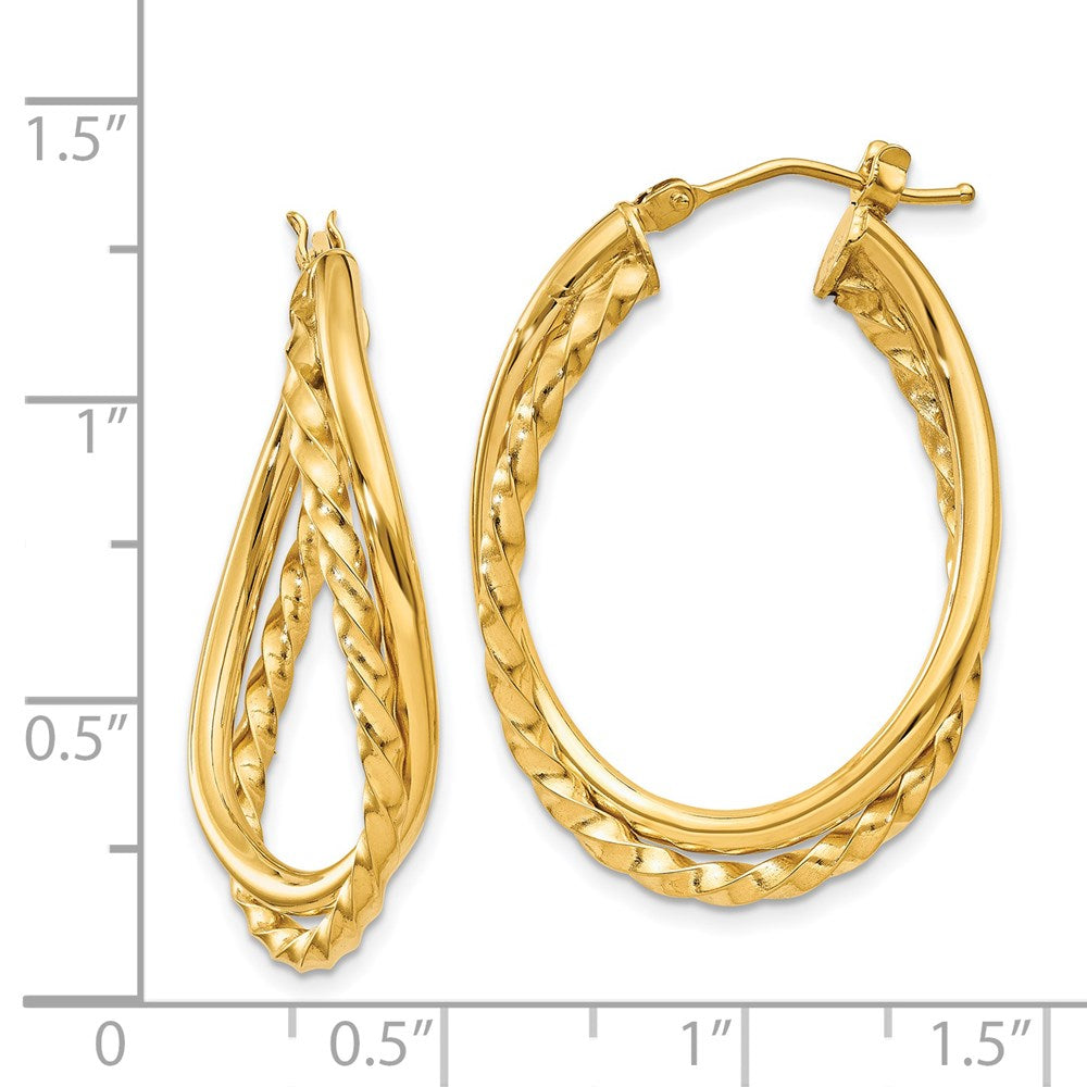 14k Yellow Gold 3 mm Textured and Polished Twist Oval Hoop Earrings (2.61 grams)