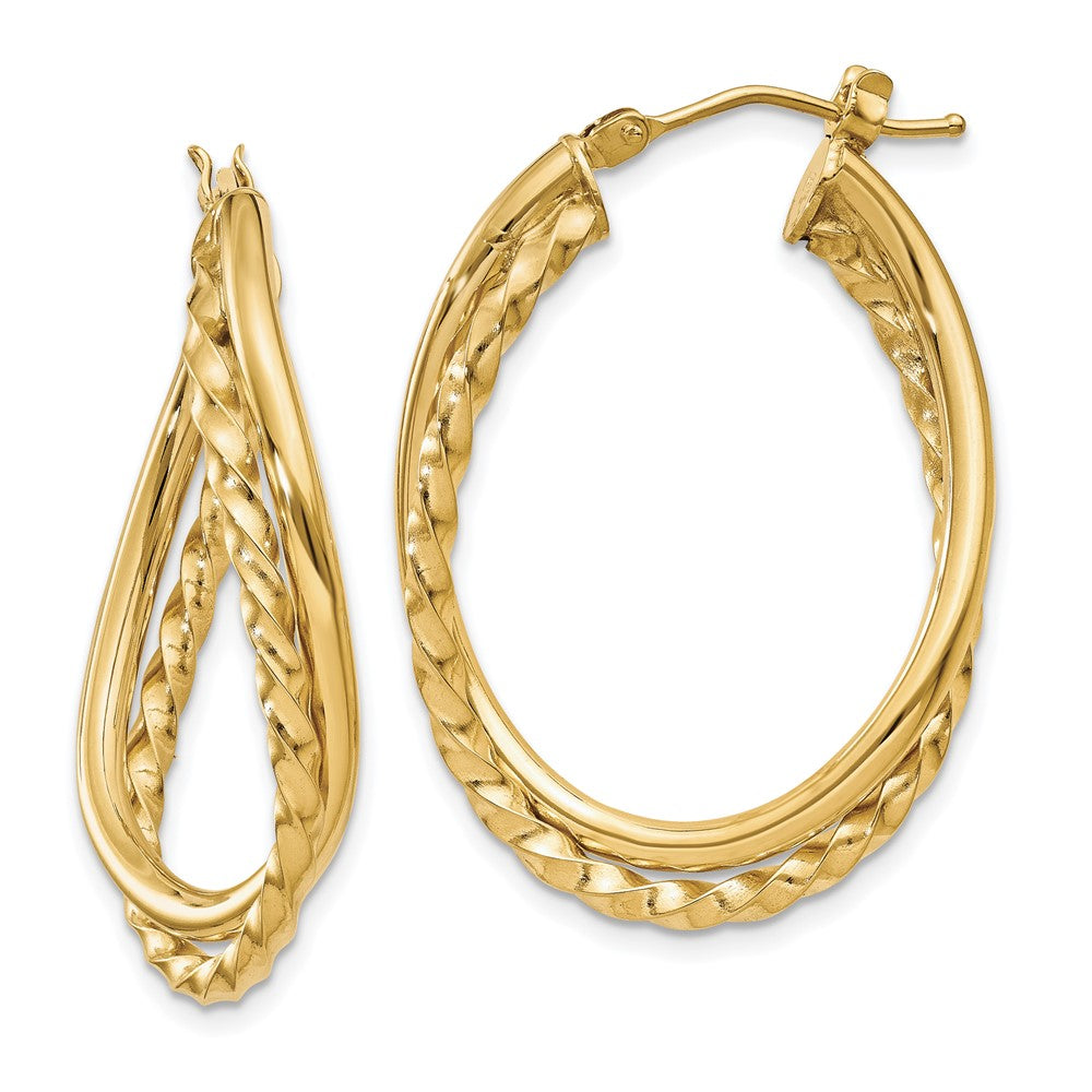 14k Yellow Gold 3 mm Textured and Polished Twist Oval Hoop Earrings (2.61 grams)
