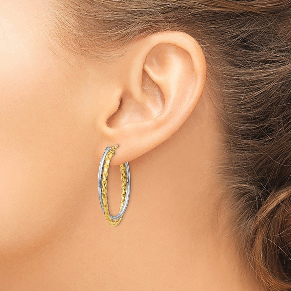 14k Two-tone 7 mm Two-Tone Textured and Polished Twist Oval Hoop Earrings (2.72 grams)