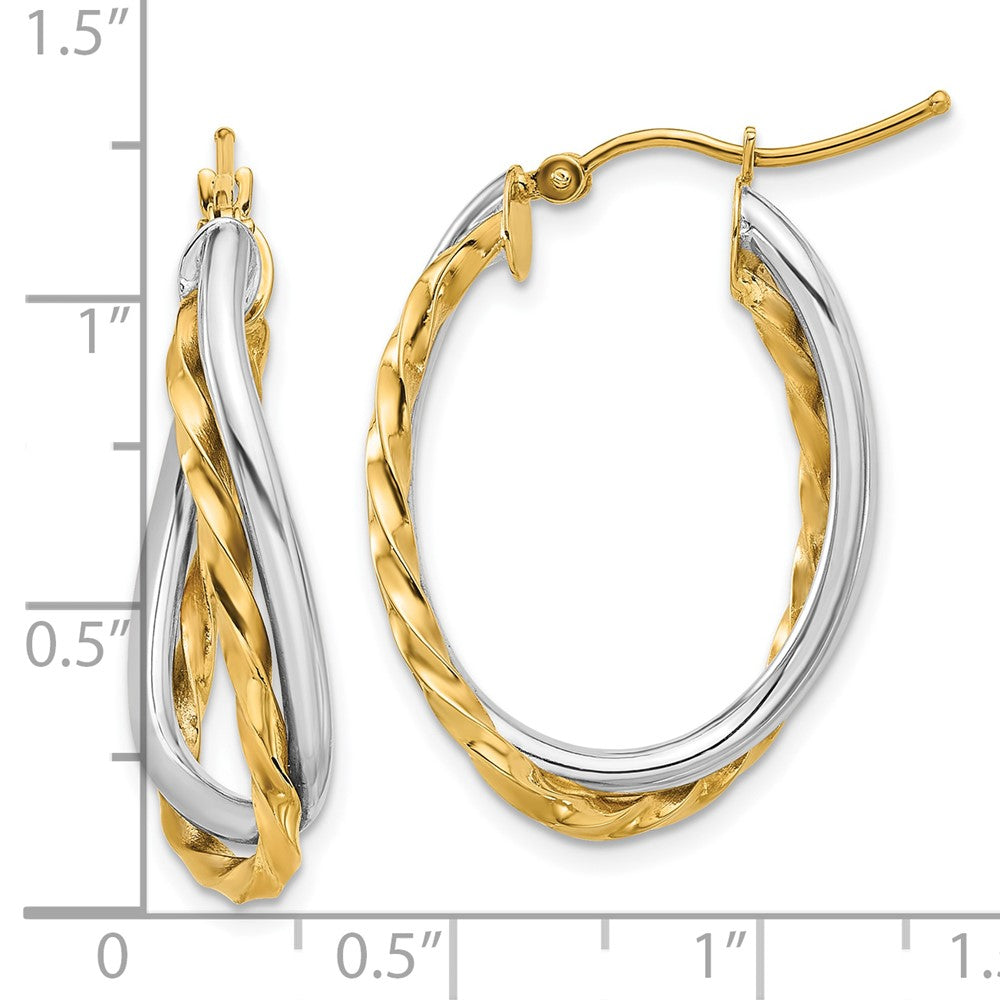 14k Two-tone 7 mm Two-Tone Textured and Polished Twist Oval Hoop Earrings (2.72 grams)