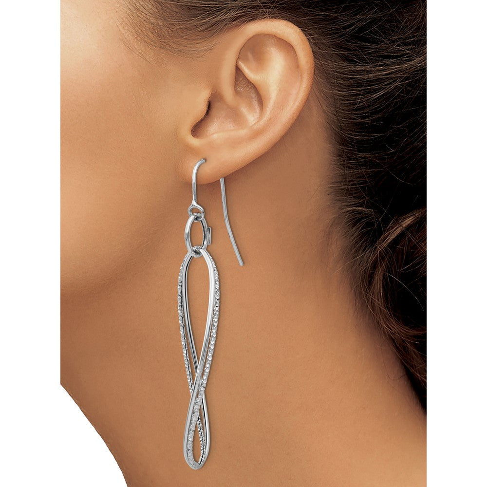 14k White Gold 20 mm Textured Twisted Dangle Shepherd Hook Earrings (1.6 grams)