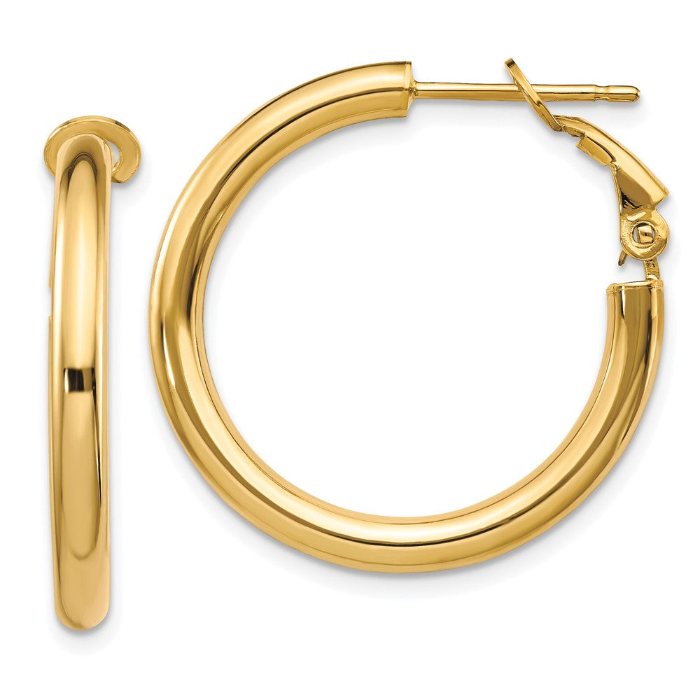 14k Yellow Gold 27 mm Polished Round Omega Back Hoop Earrings (2.79 grams)