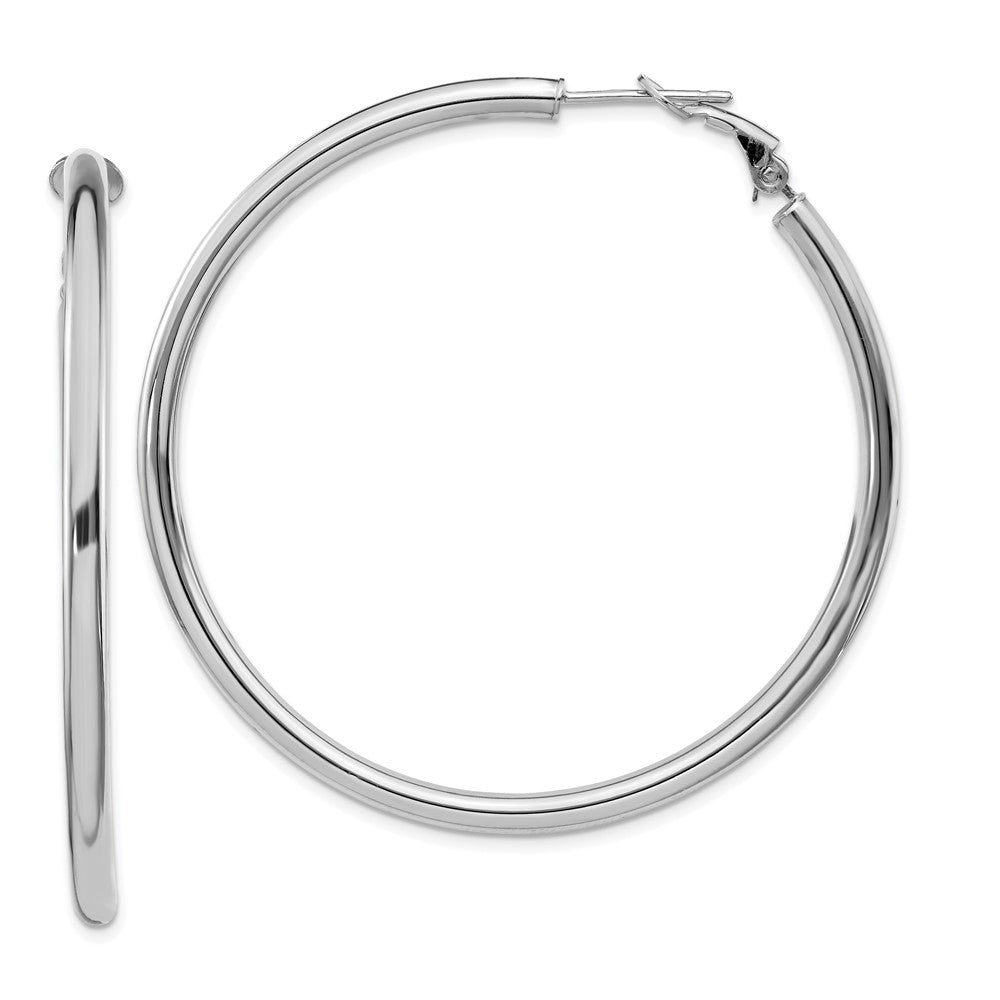 14k White Gold 52 mm Polished Round Omega Back Hoop Earrings (5.54 grams)