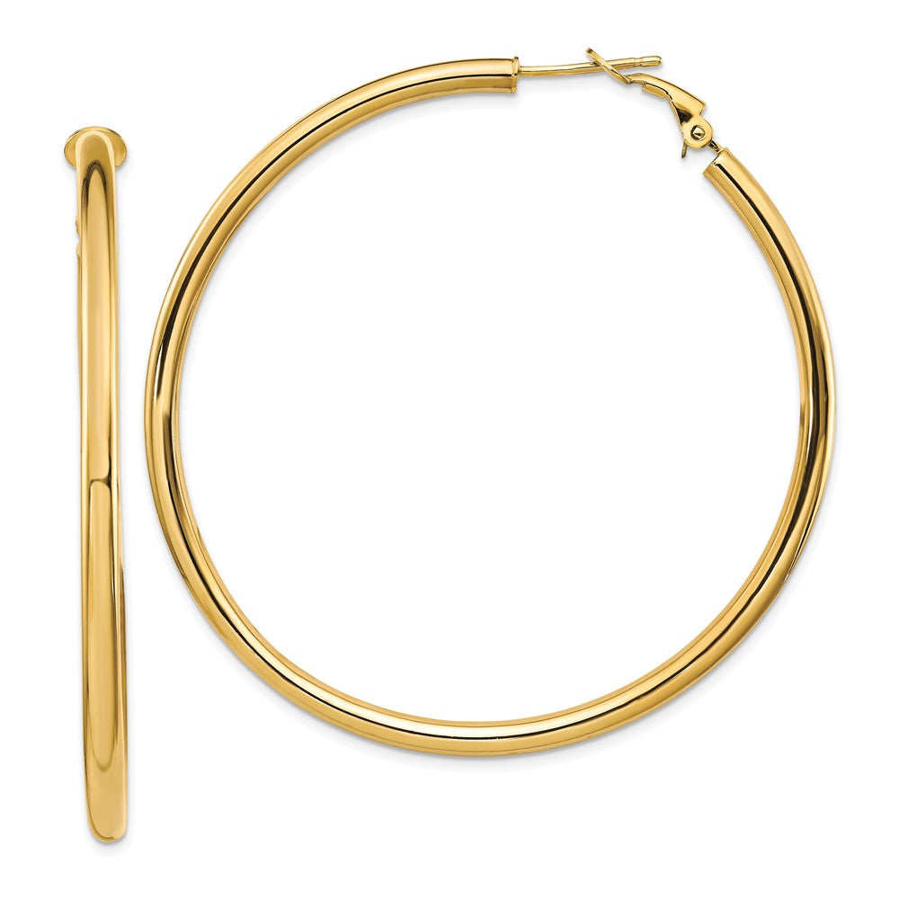 14k Yellow Gold 57 mm Polished Round Omega Back Hoop Earrings (5.65 grams)