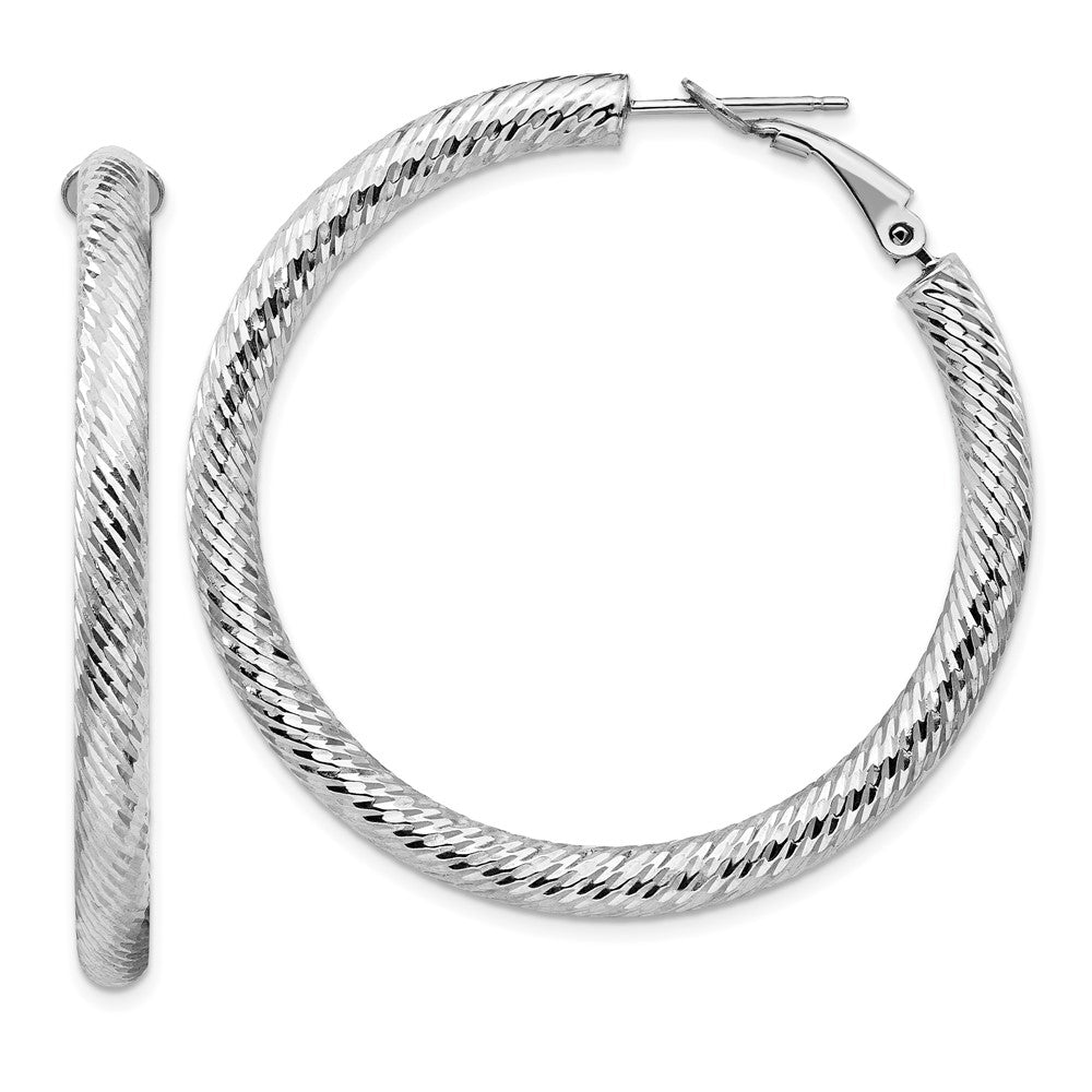 14k White Gold 45.75 mm Diamond-cut Round Omega Back Hoop Earrings (4.88 grams)