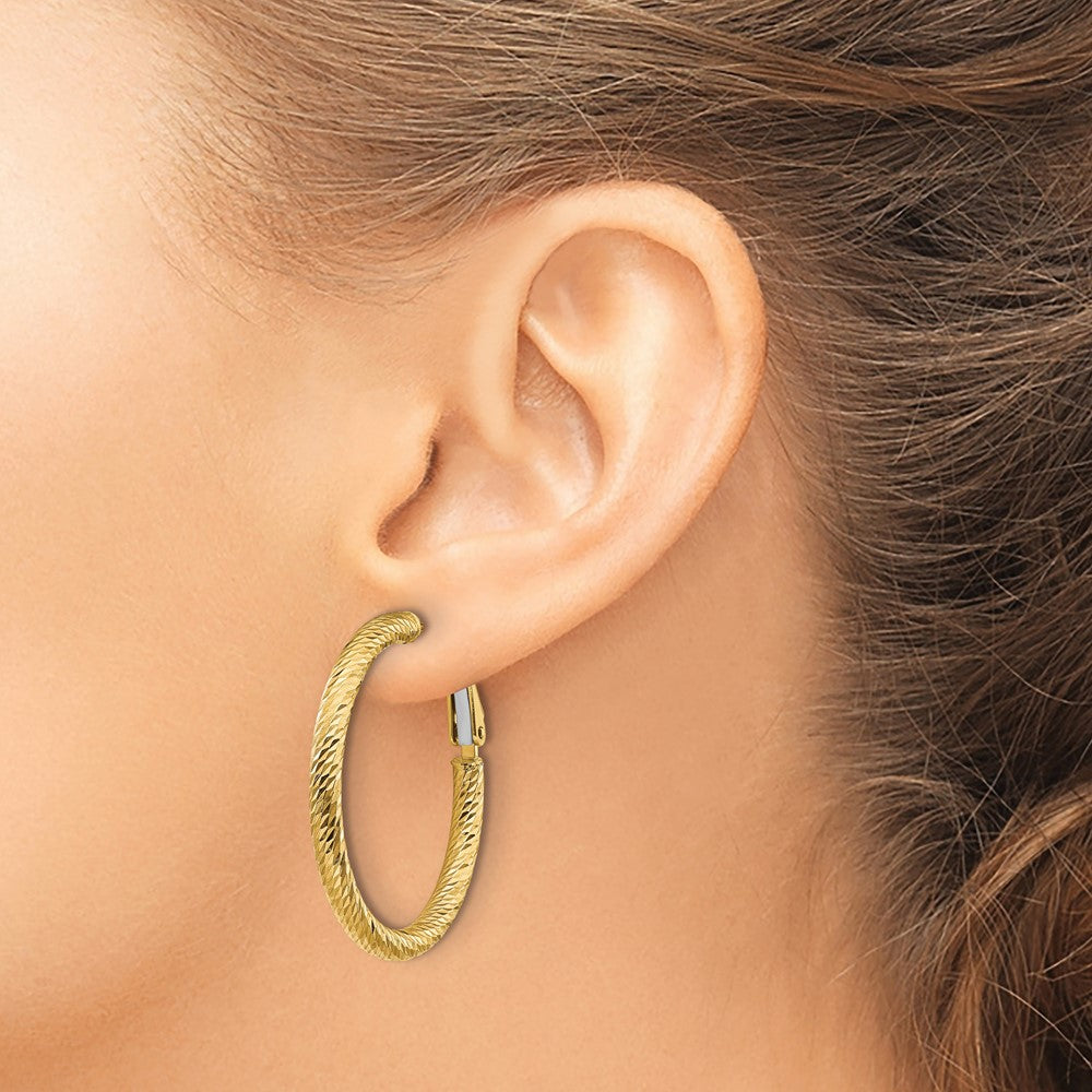 14k Yellow Gold 32 mm Diamond-cut Round Omega Back Hoop Earrings (3.5 grams)