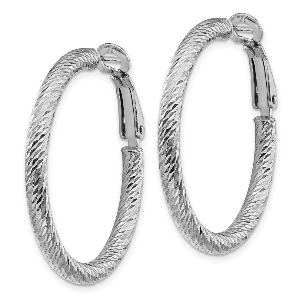 14k White Gold 32 mm Diamond-cut Round Omega Back Hoop Earrings (3.2 grams)