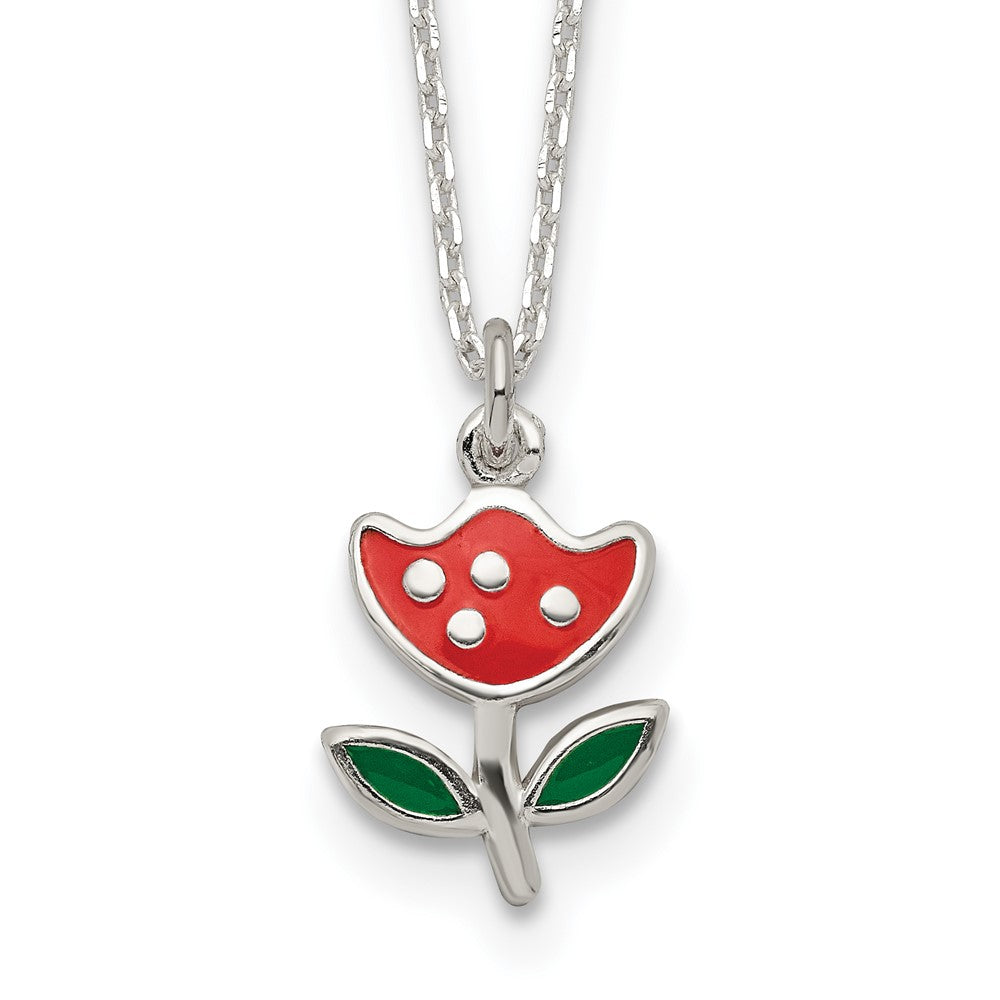 Sterling Silver Polished Red & Green Enameled Flower Children's Necklace (1.76 grams)